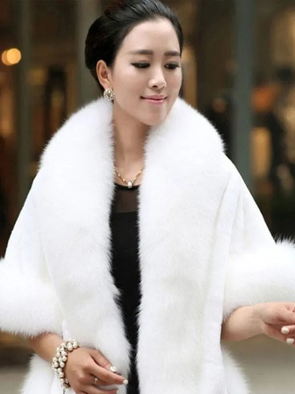 Faux Fur Jacket Women White Winter Wrap Shawl Poncho Cape Coat