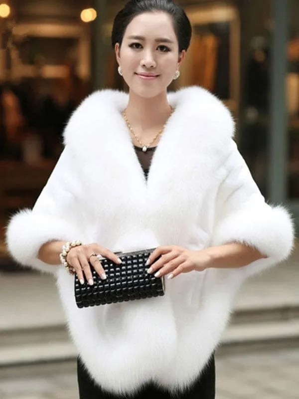 Faux Fur Jacket Women White Winter Wrap Shawl Poncho Cape Coat