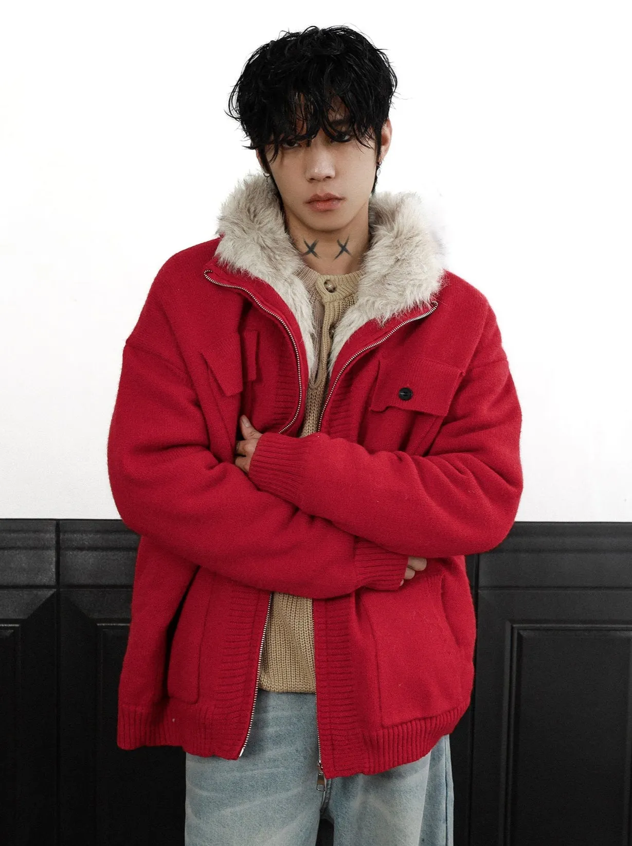 Faux Fur Lined Ribbed Trim Zip Knit Jacket