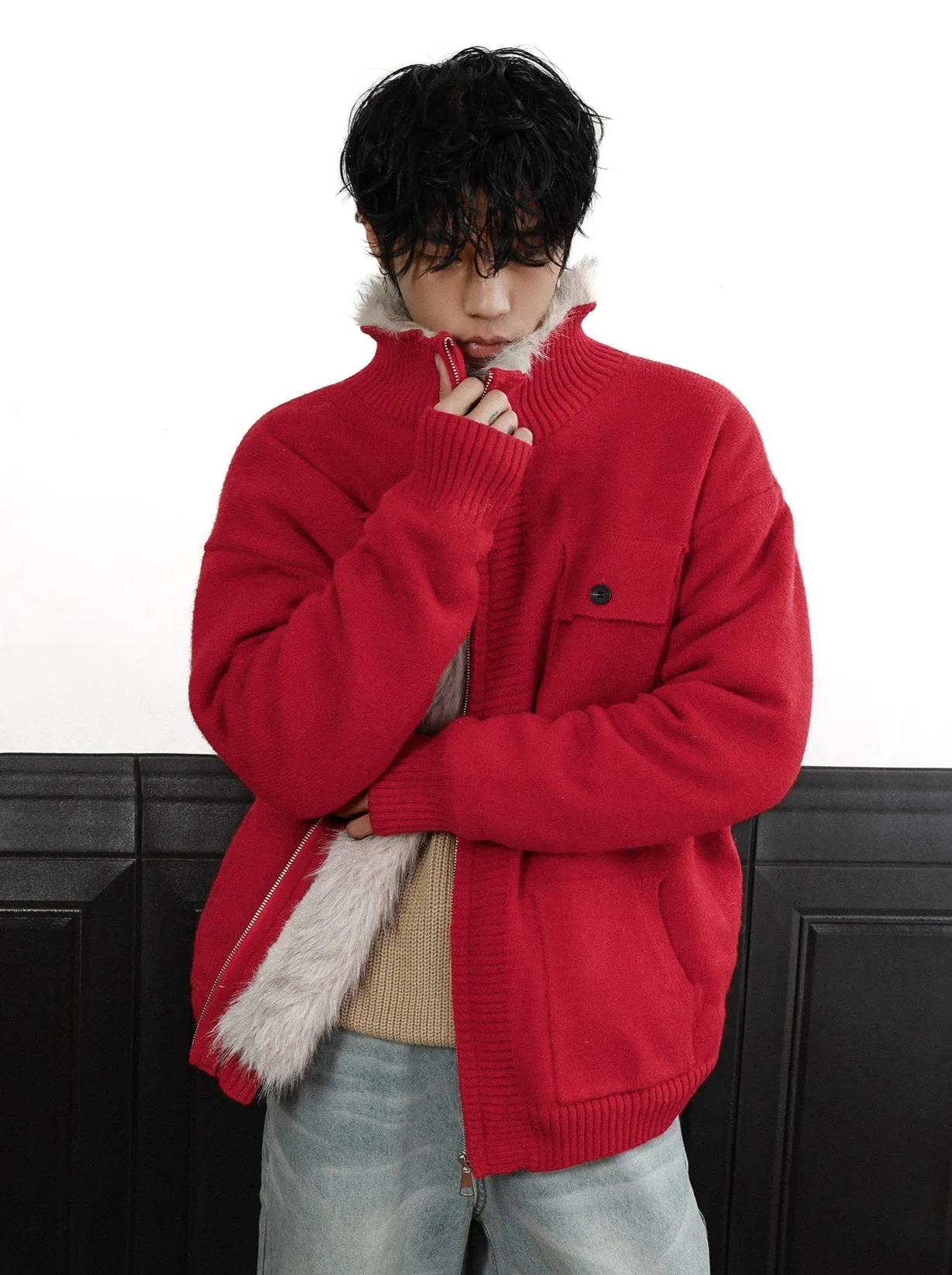 Faux Fur Lined Ribbed Trim Zip Knit Jacket