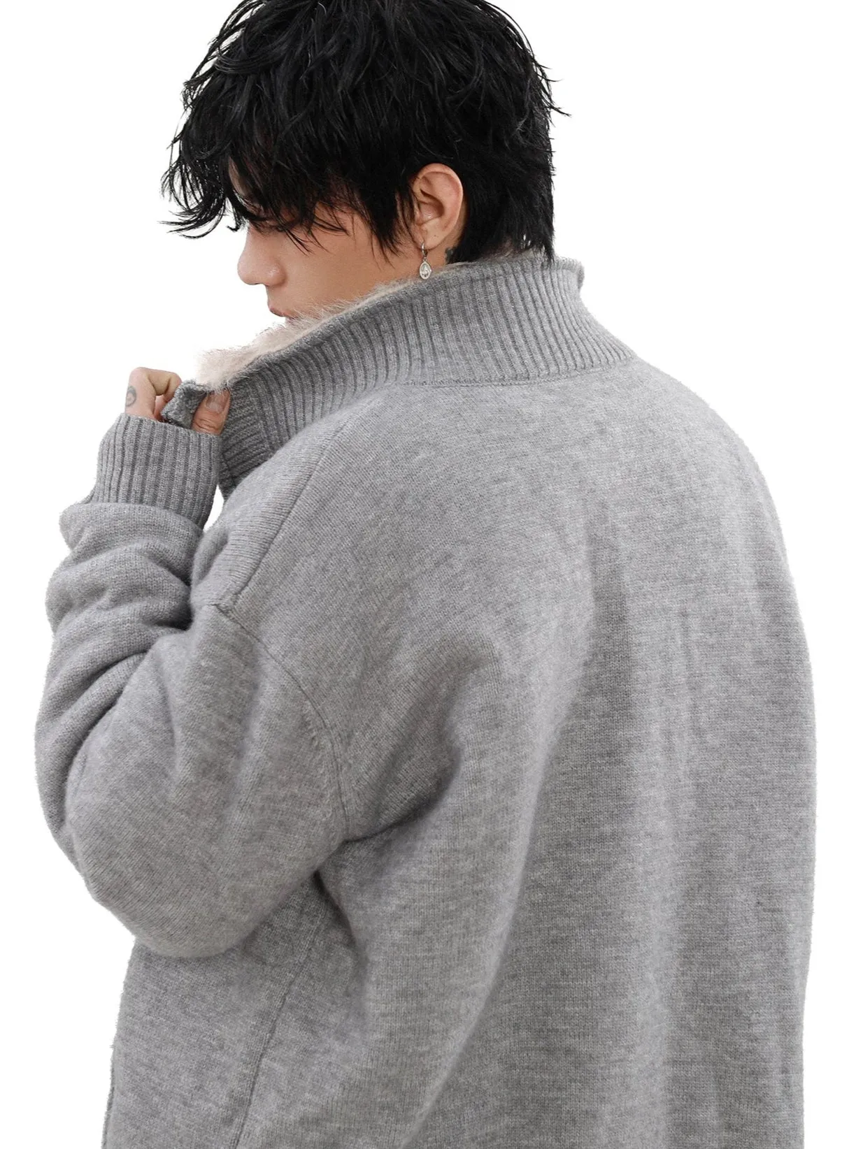 Faux Fur Lined Ribbed Trim Zip Knit Jacket