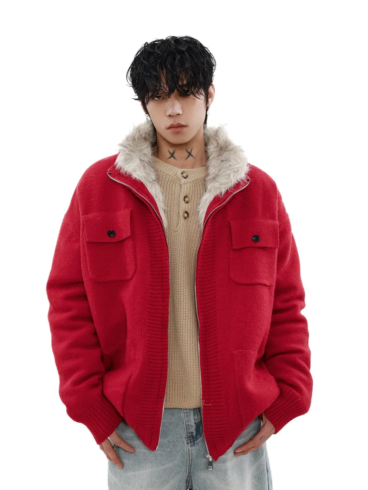 Faux Fur Lined Ribbed Trim Zip Knit Jacket