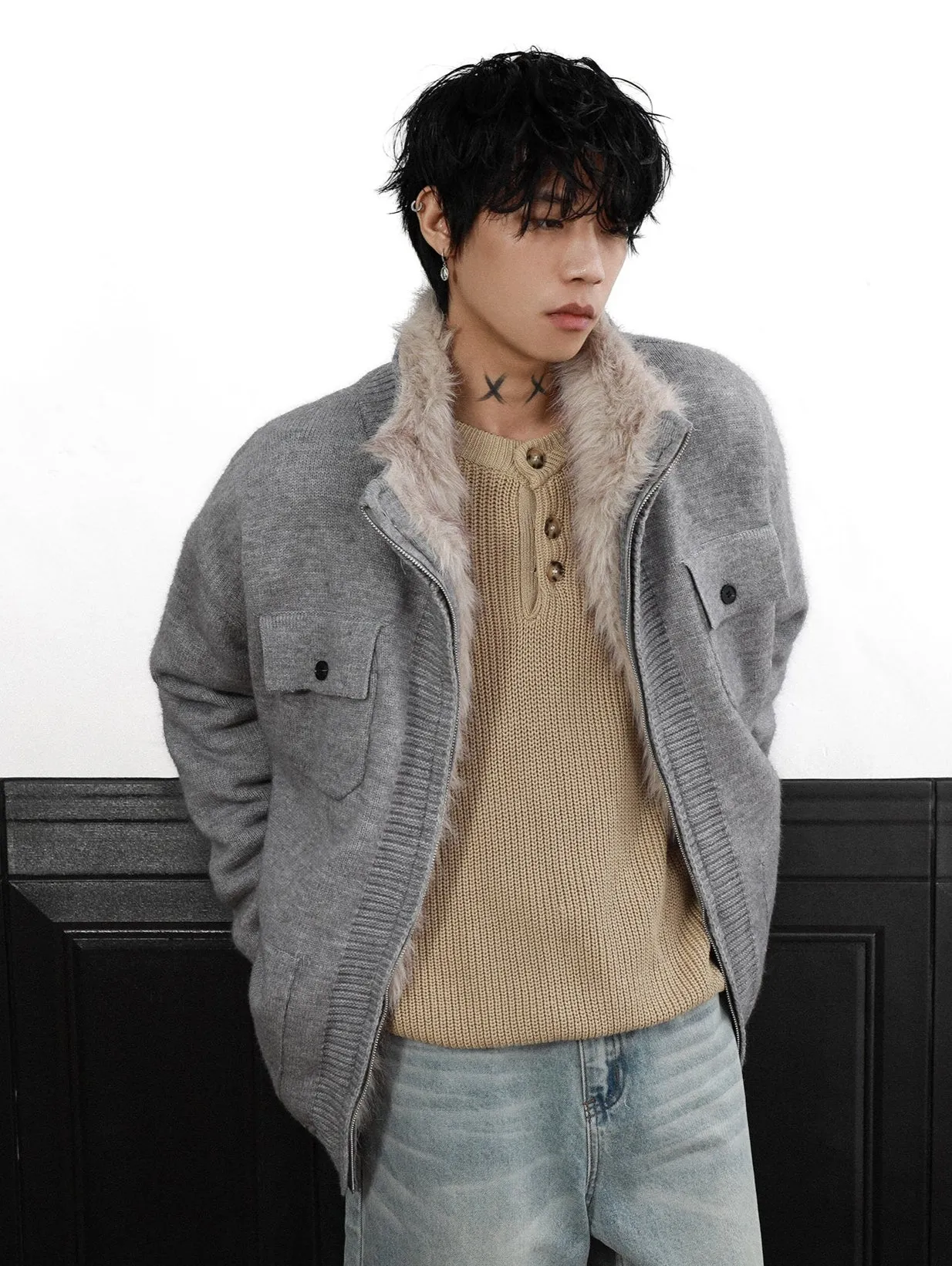 Faux Fur Lined Ribbed Trim Zip Knit Jacket