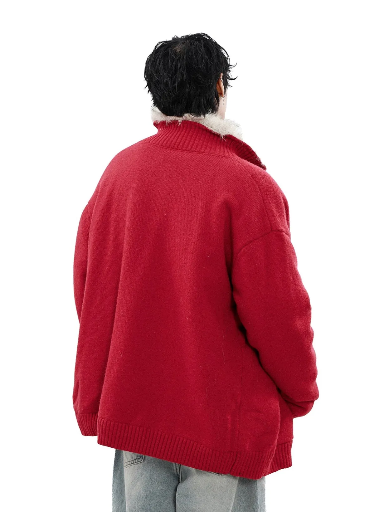 Faux Fur Lined Ribbed Trim Zip Knit Jacket
