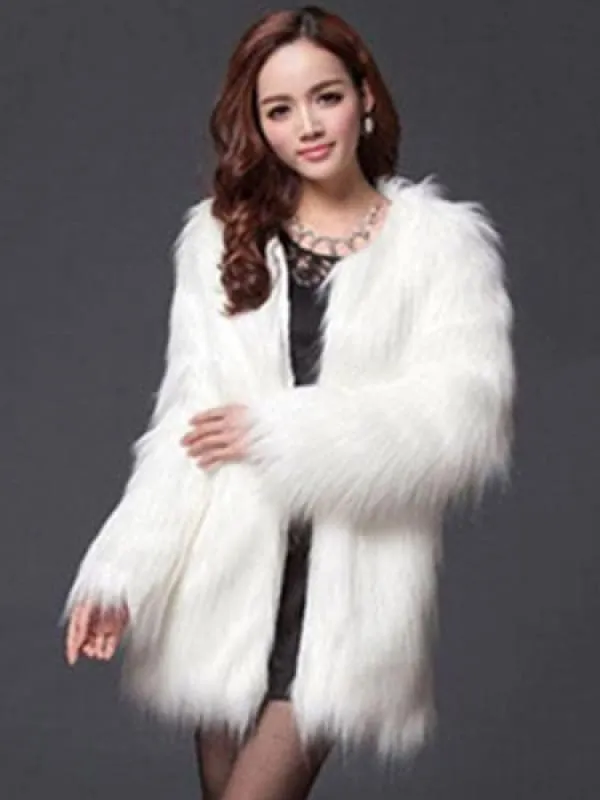 Faux Fur White Coat Women'S Winter Round Collar Long Sleeve Fluffy Coat