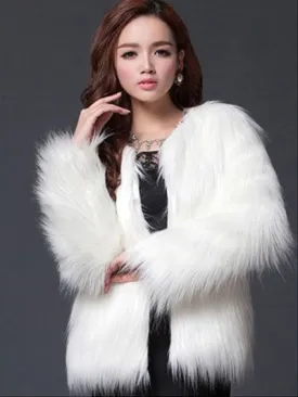Faux Fur White Coat Women'S Winter Round Collar Long Sleeve Fluffy Coat