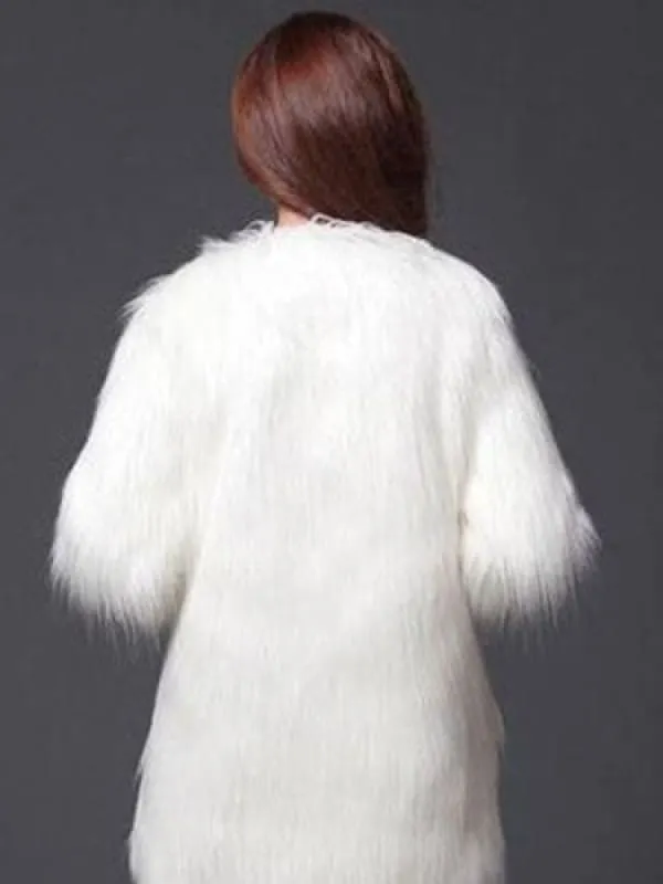 Faux Fur White Coat Women'S Winter Round Collar Long Sleeve Fluffy Coat