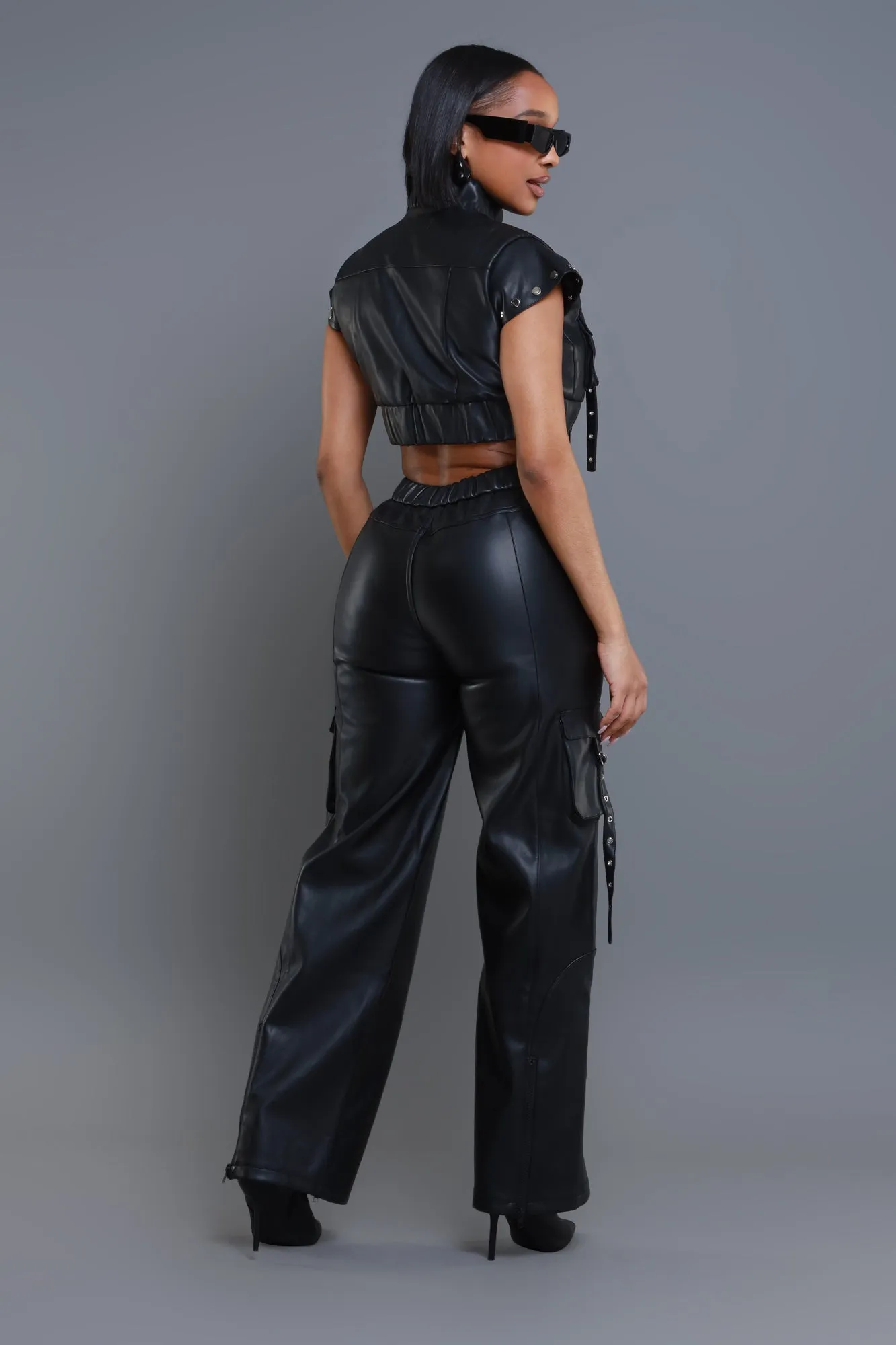 Filthy Rich Faux Leather Cargo Pants Set - Black