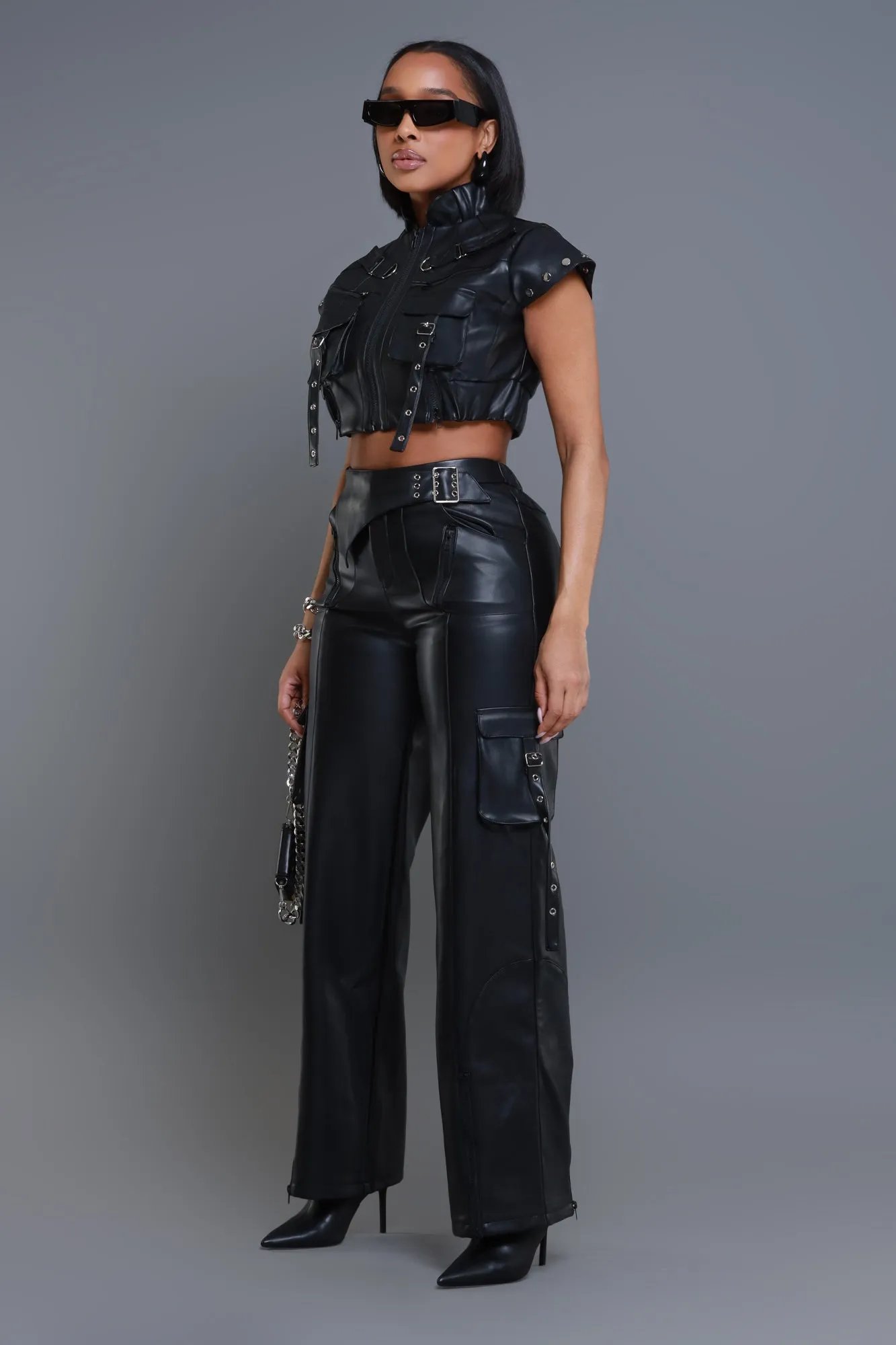 Filthy Rich Faux Leather Cargo Pants Set - Black