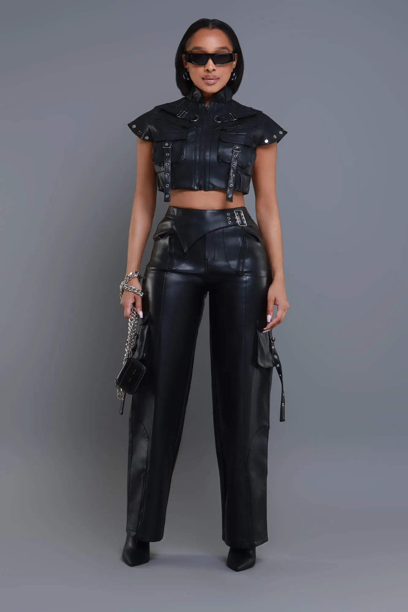 Filthy Rich Faux Leather Cargo Pants Set - Black
