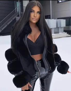 Fina Black PU Faux Leather Faux Fur Trim Collared Aviator Jacket