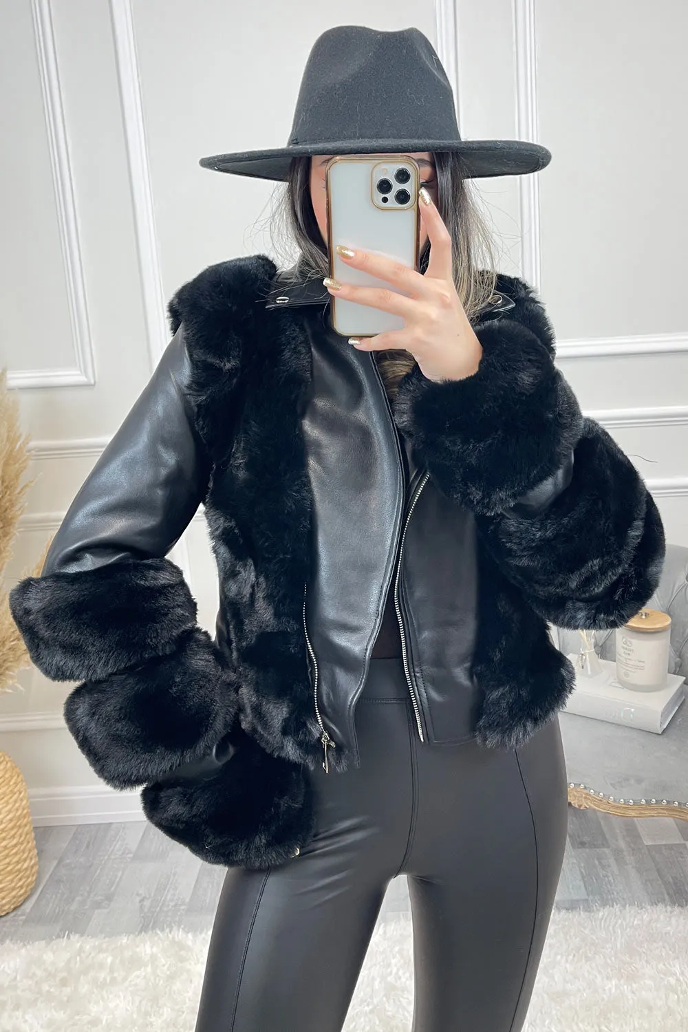 Fina Black PU Faux Leather Faux Fur Trim Collared Aviator Jacket