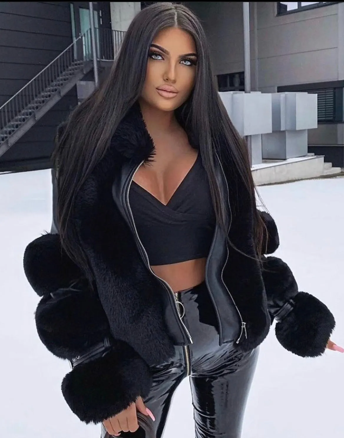 Fina Black PU Faux Leather Faux Fur Trim Collared Aviator Jacket