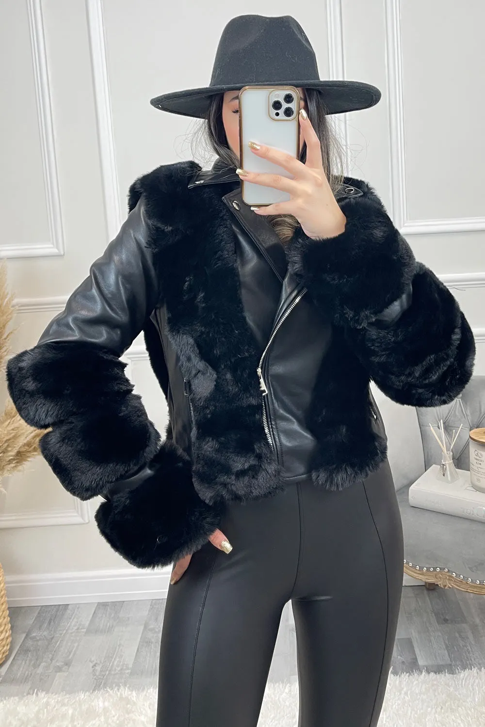 Fina Black PU Faux Leather Faux Fur Trim Collared Aviator Jacket
