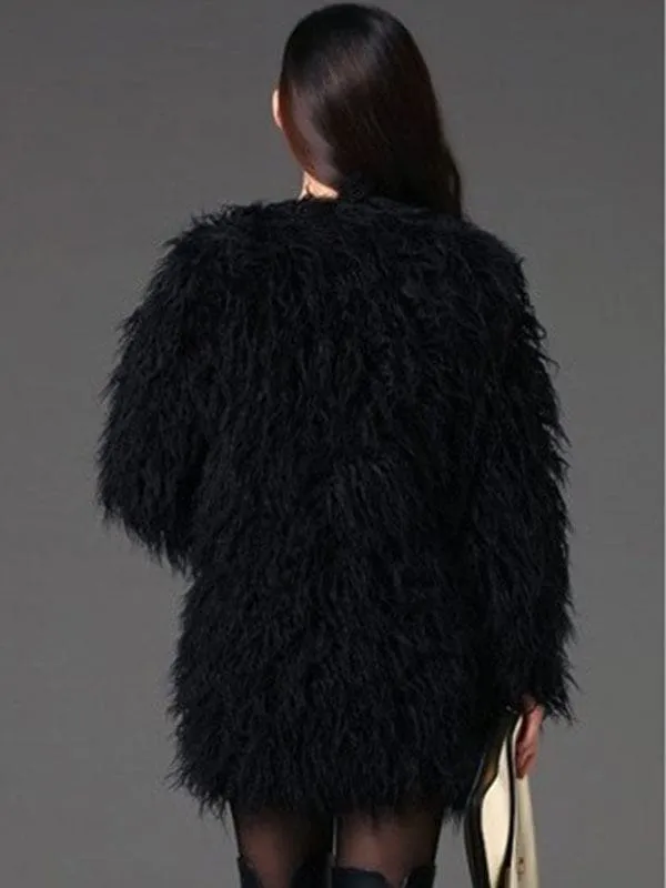 Fluffy Black Coat Faux Fur Long Sleeve Women'S Winter Coat