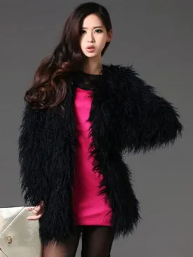 Fluffy Black Coat Faux Fur Long Sleeve Women'S Winter Coat