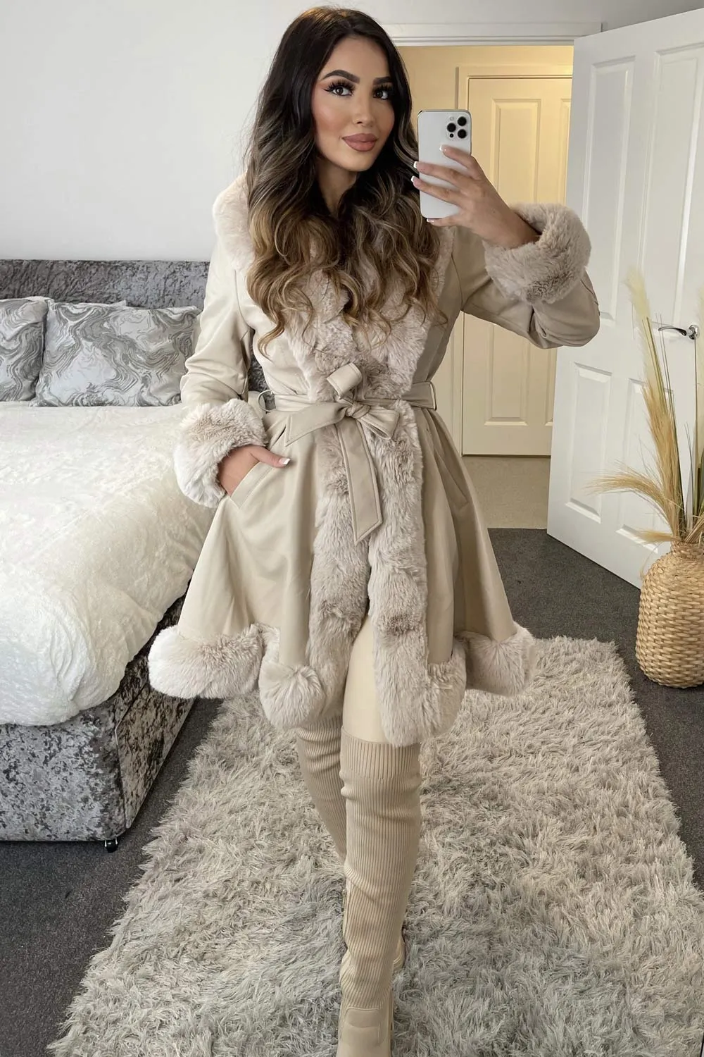 Fran Beige PU Faux Leather Faux Fur Trim Longline Belted Coat