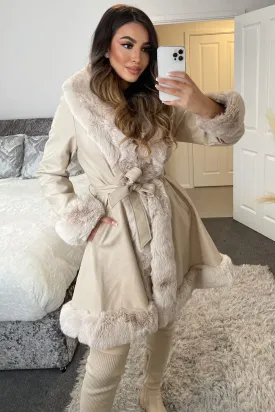 Fran Beige PU Faux Leather Faux Fur Trim Longline Belted Coat