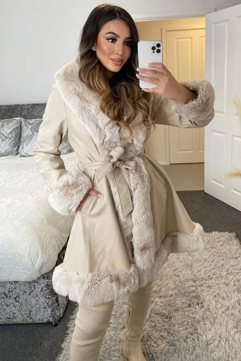 Fran Beige PU Faux Leather Faux Fur Trim Longline Belted Coat