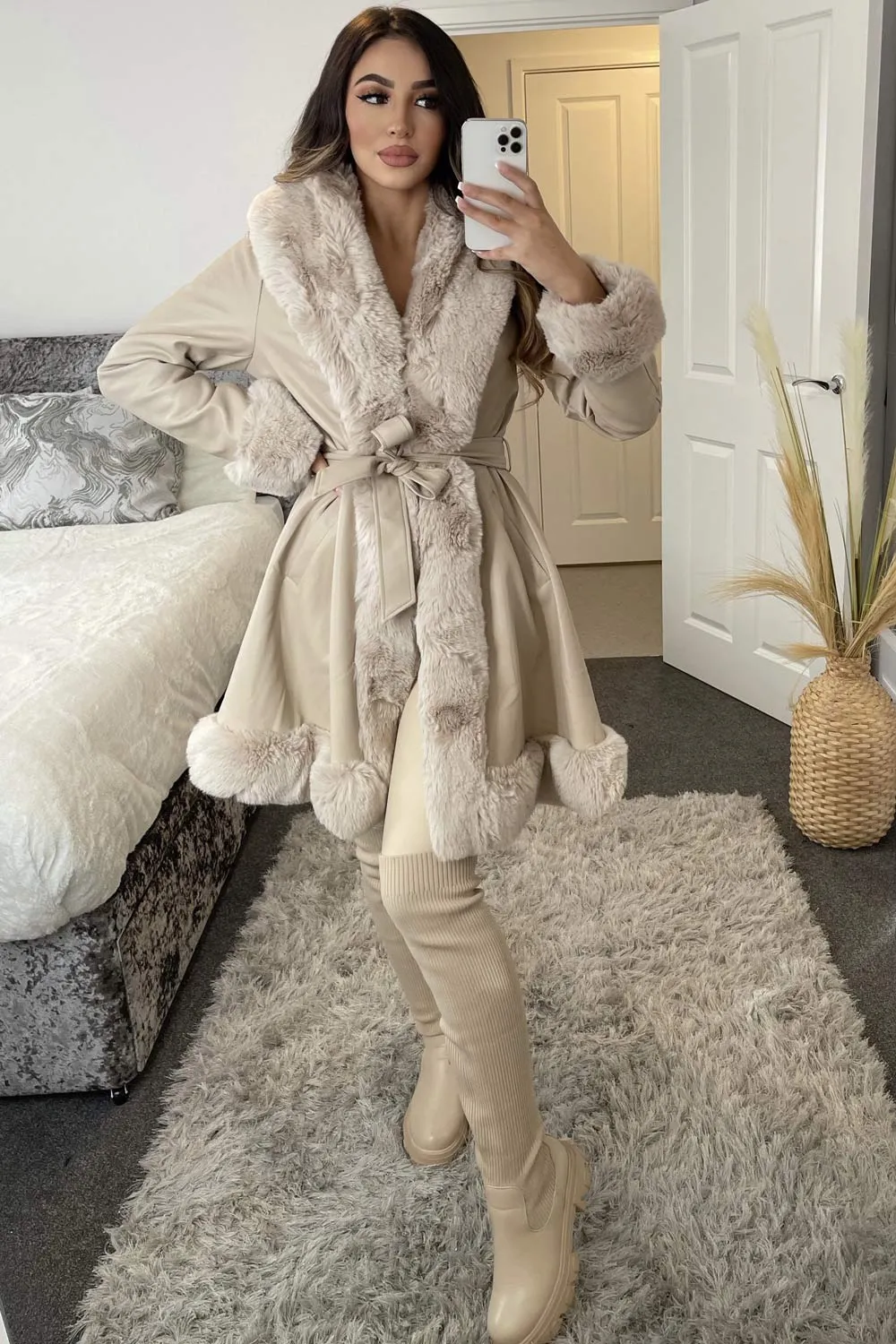 Fran Beige PU Faux Leather Faux Fur Trim Longline Belted Coat