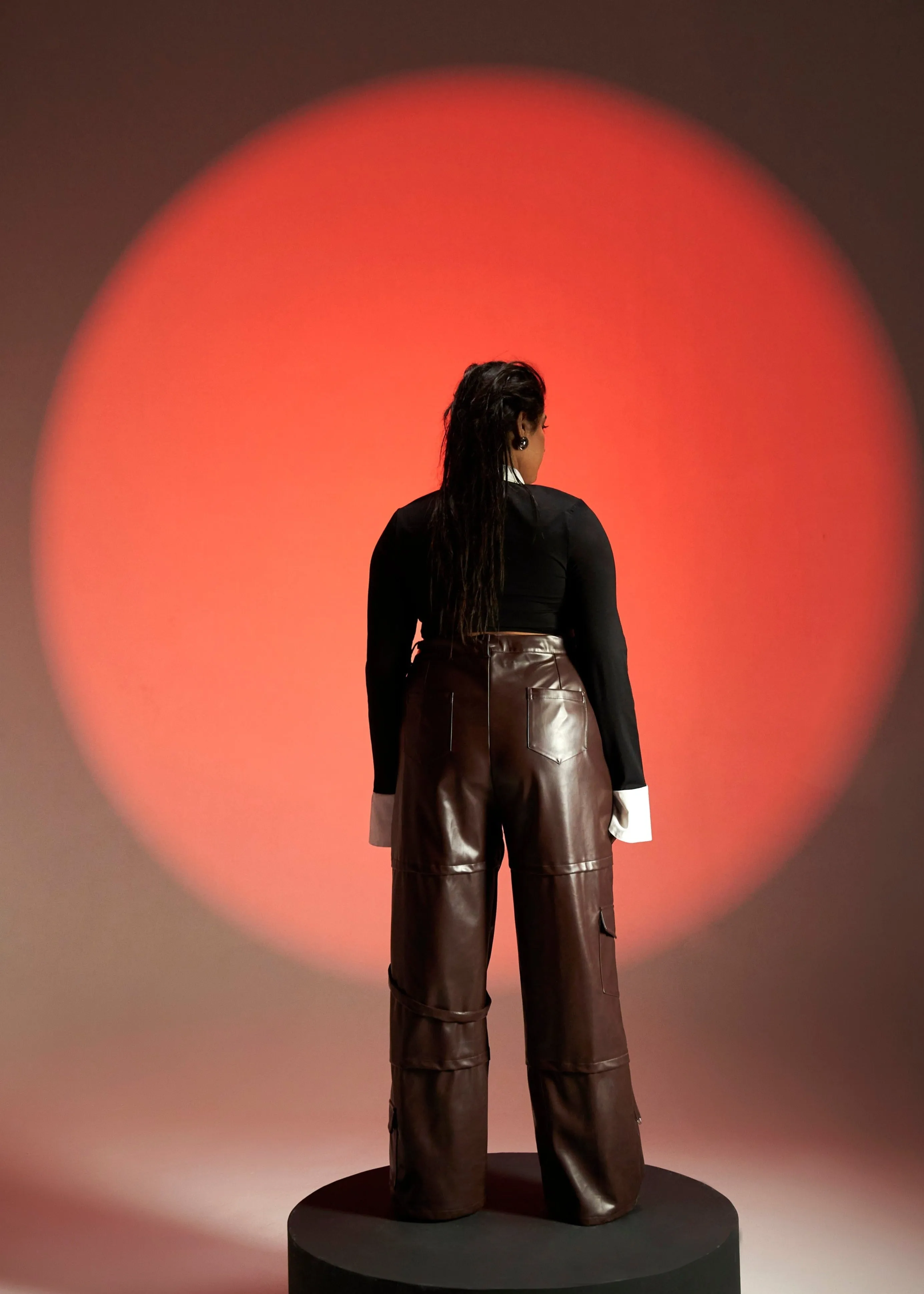 Franze Black Crop Contrast Shirt and Faux Leather Cargo Pants Set