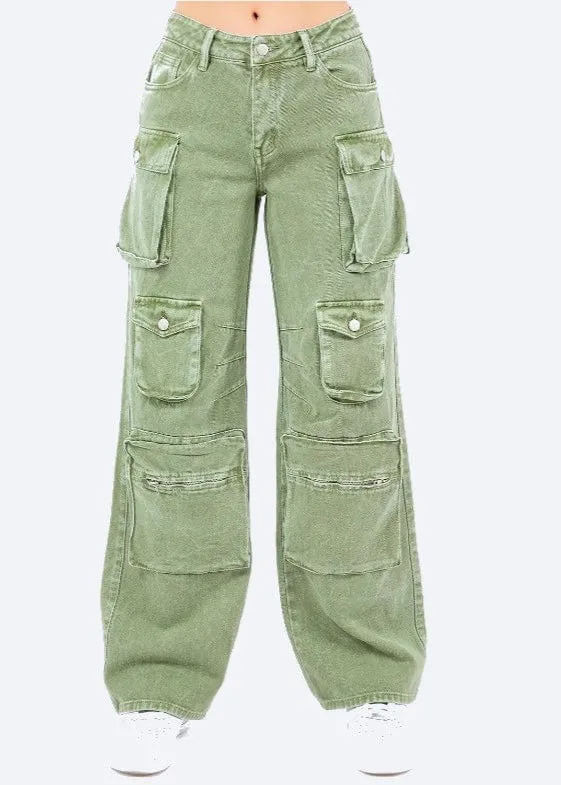 Frosty Green Wide Leg Cargo Pants