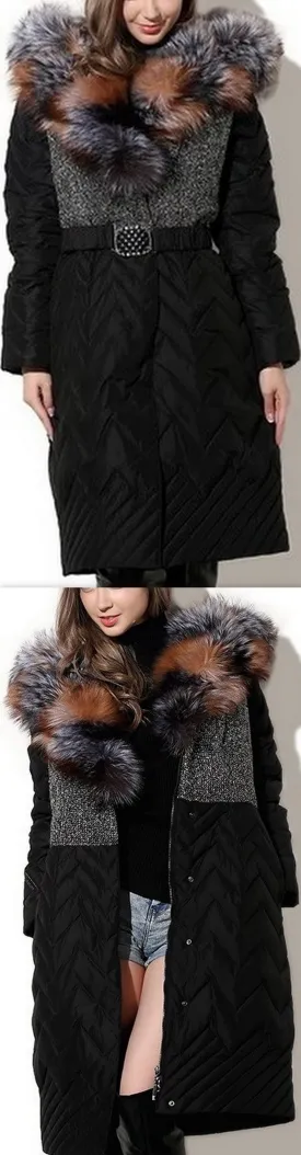 Full Fox-Fur-Collar Quilted Coat