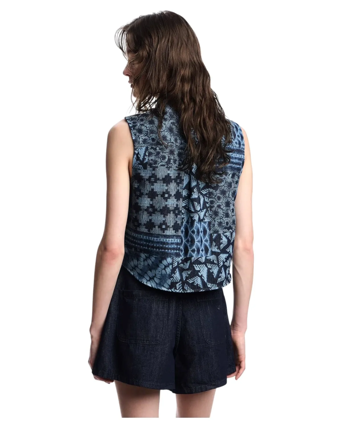 Gilet in Denim di Cotone con Stampa All Over e Collo Classico