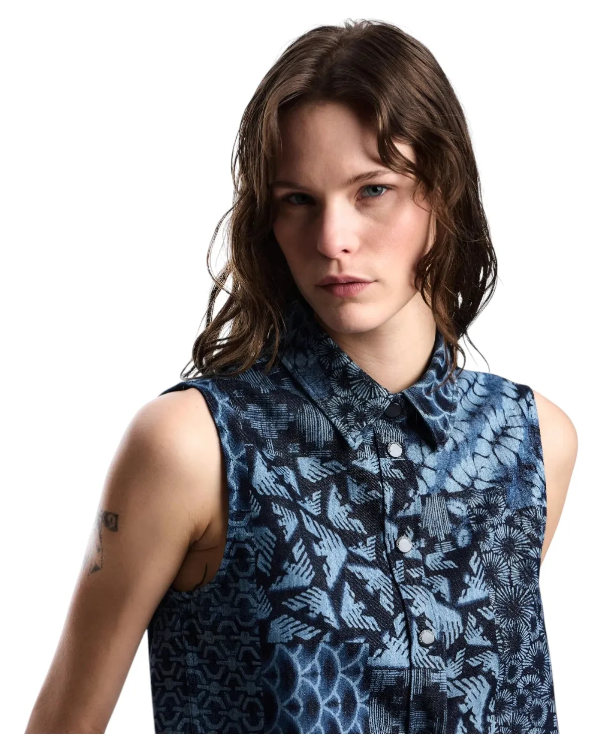 Gilet in Denim di Cotone con Stampa All Over e Collo Classico