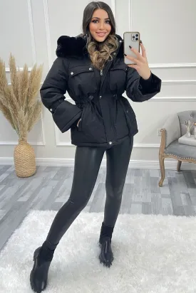 Gita Black Padded Faux Fur Hooded Bell Sleeve Coat