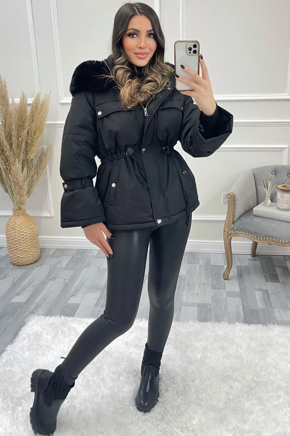 Gita Black Padded Faux Fur Hooded Bell Sleeve Coat
