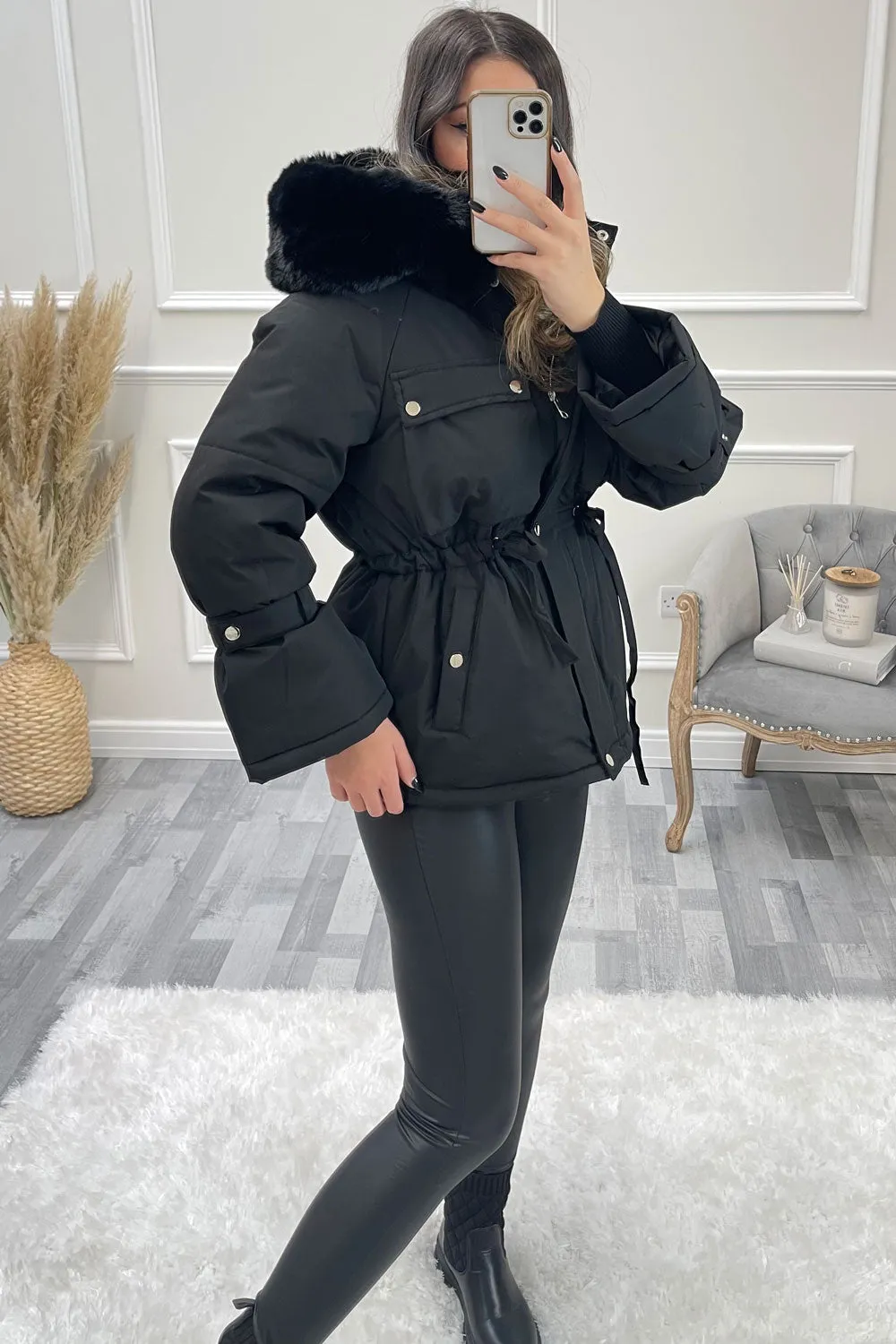 Gita Black Padded Faux Fur Hooded Bell Sleeve Coat