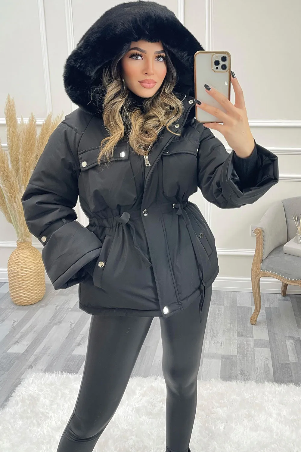 Gita Black Padded Faux Fur Hooded Bell Sleeve Coat