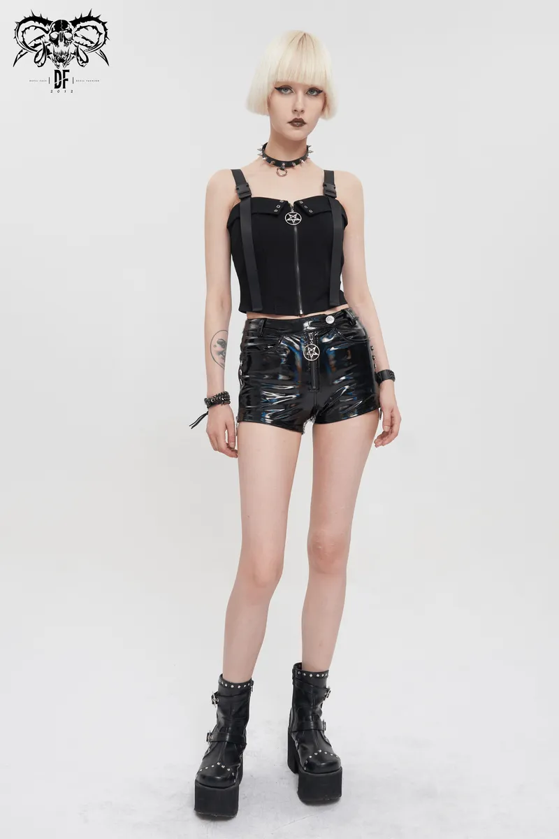 Gothic Punk Top with Circled Hollow Pentagram Zipper / Female Adjustable Buckle Straps Top
