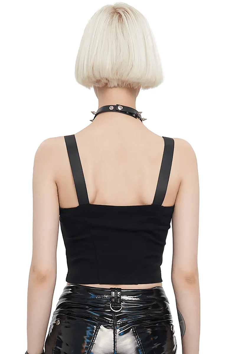 Gothic Punk Top with Circled Hollow Pentagram Zipper / Female Adjustable Buckle Straps Top