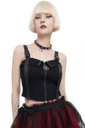 Gothic Punk Top with Circled Hollow Pentagram Zipper / Female Adjustable Buckle Straps Top