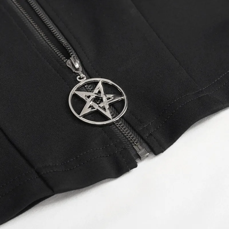 Gothic Punk Top with Circled Hollow Pentagram Zipper / Female Adjustable Buckle Straps Top