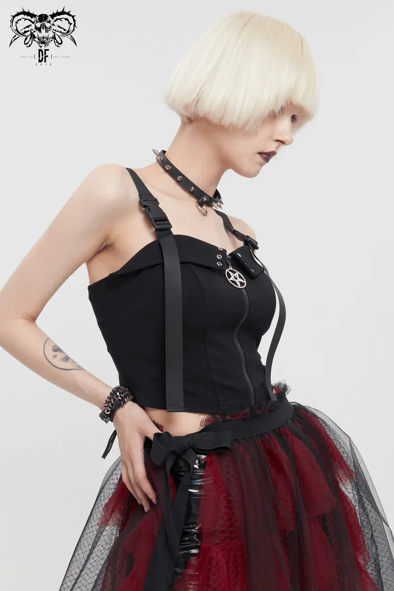 Gothic Punk Top with Circled Hollow Pentagram Zipper / Female Adjustable Buckle Straps Top