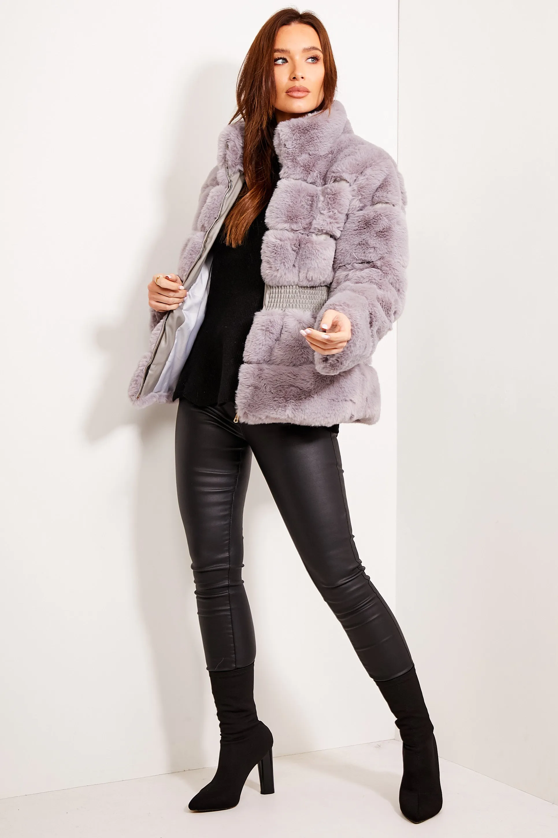 Grey Faux Fur Shirred Waist Panelled Coat