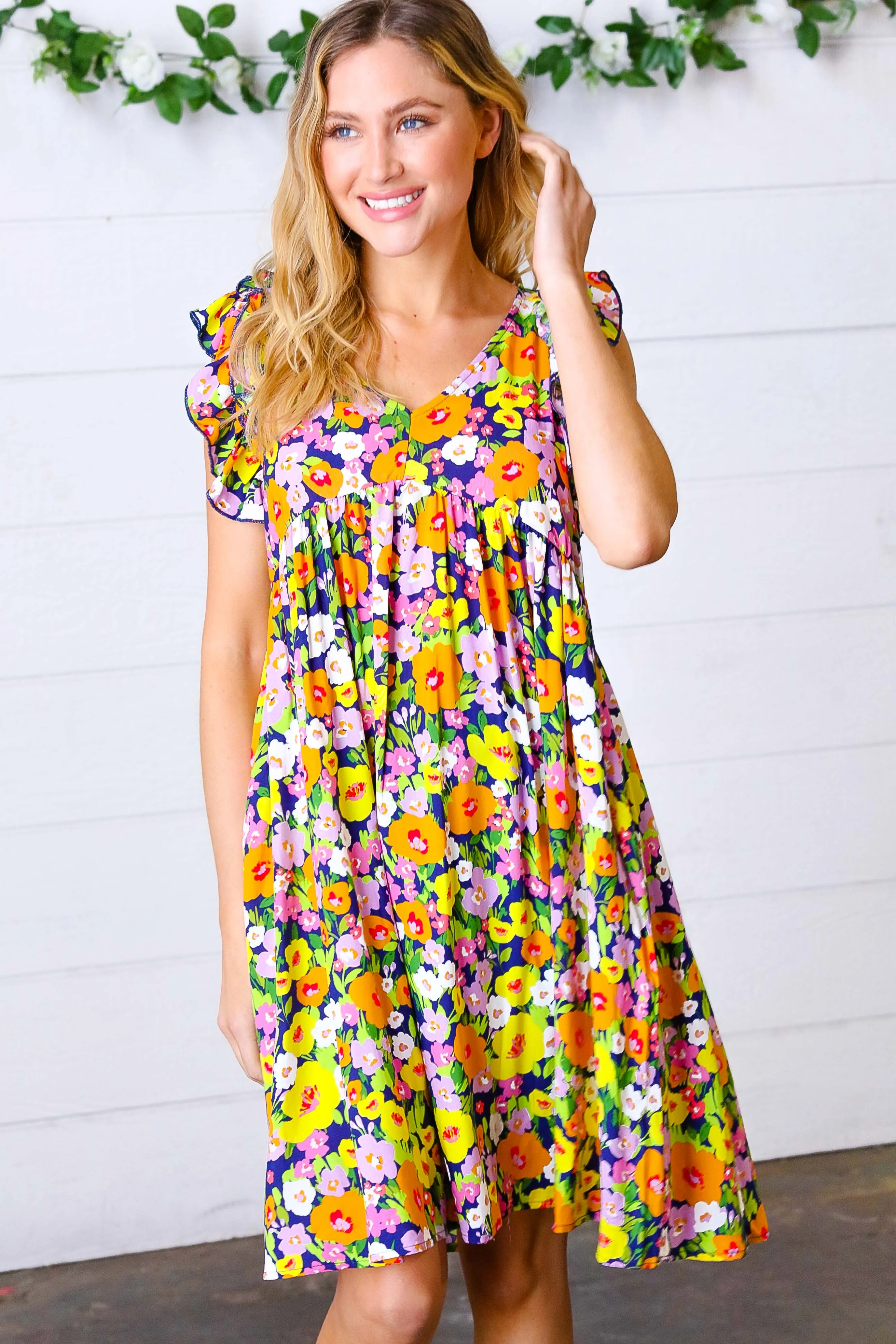Indigo & Lemon Floral Babydoll Ruffle Dress (Open Pack)
