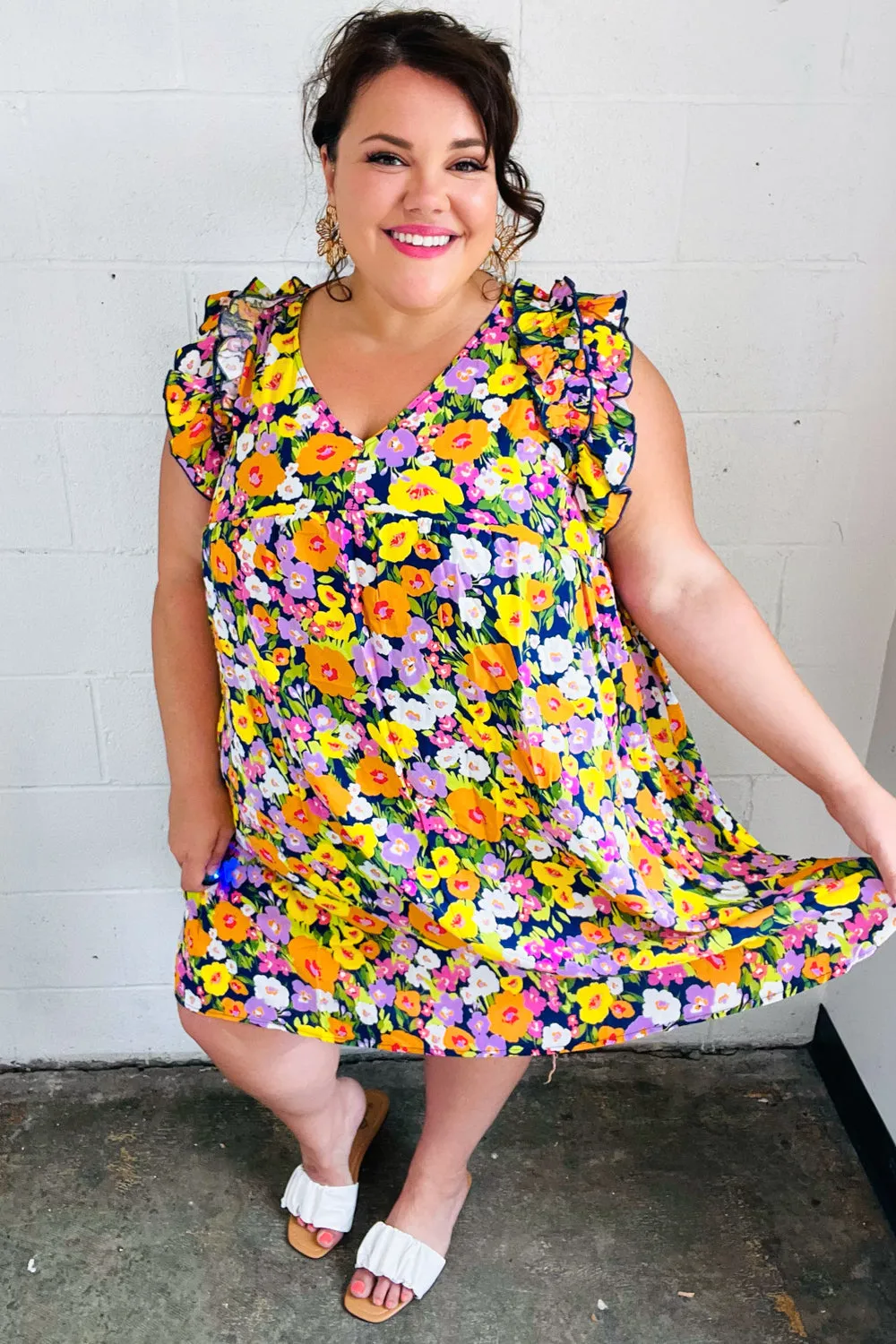 Indigo & Lemon Floral Babydoll Ruffle Dress (Open Pack)
