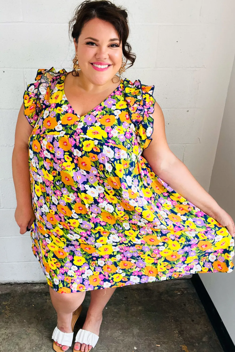 Indigo & Lemon Floral Babydoll Ruffle Dress (Open Pack)