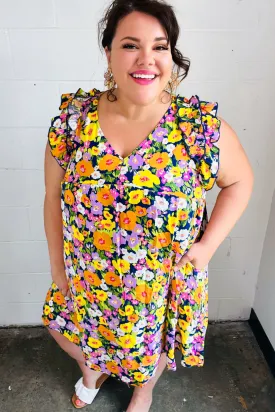 Indigo & Lemon Floral Babydoll Ruffle Dress (Open Pack)