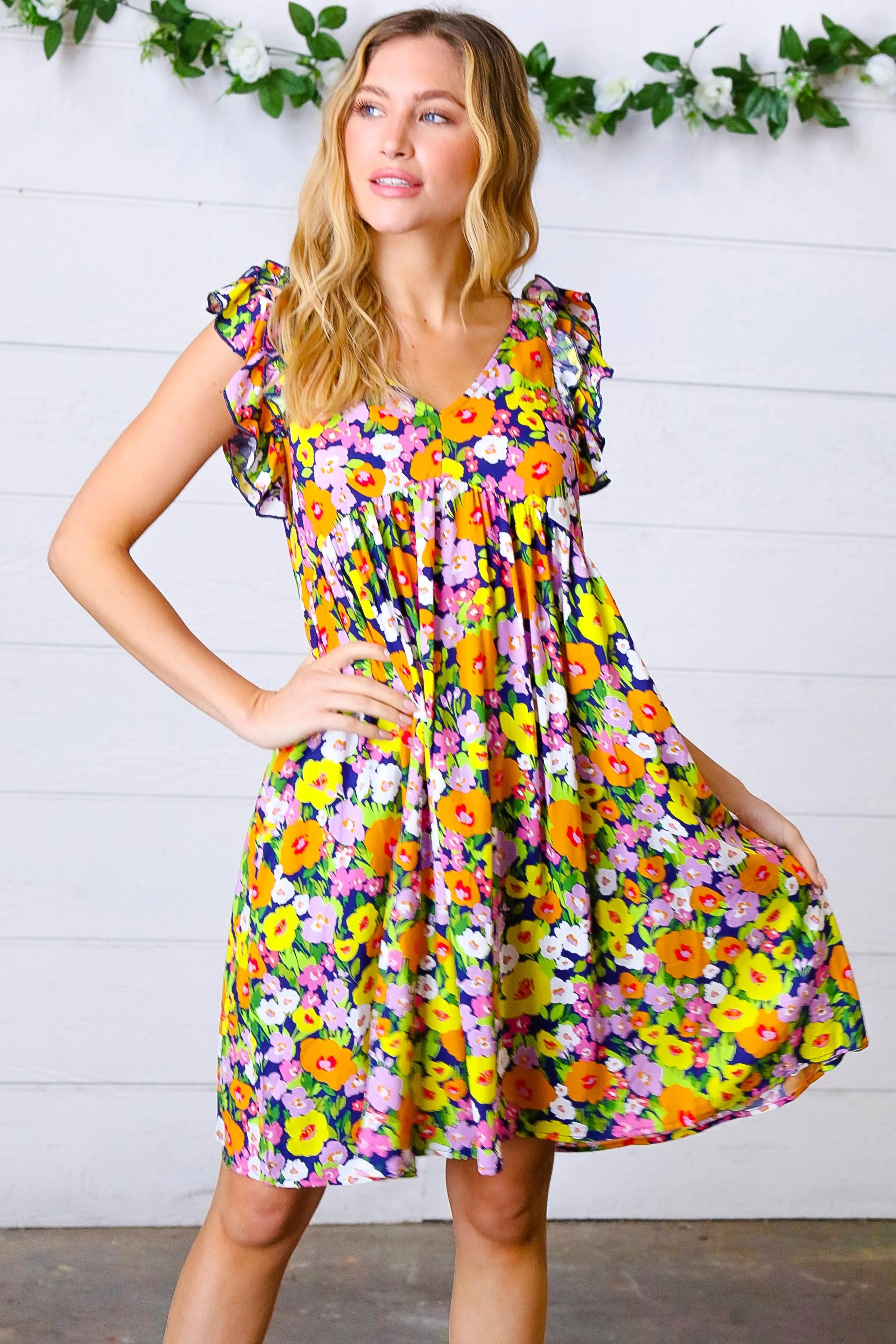 Indigo & Lemon Floral Babydoll Ruffle Dress (Open Pack)