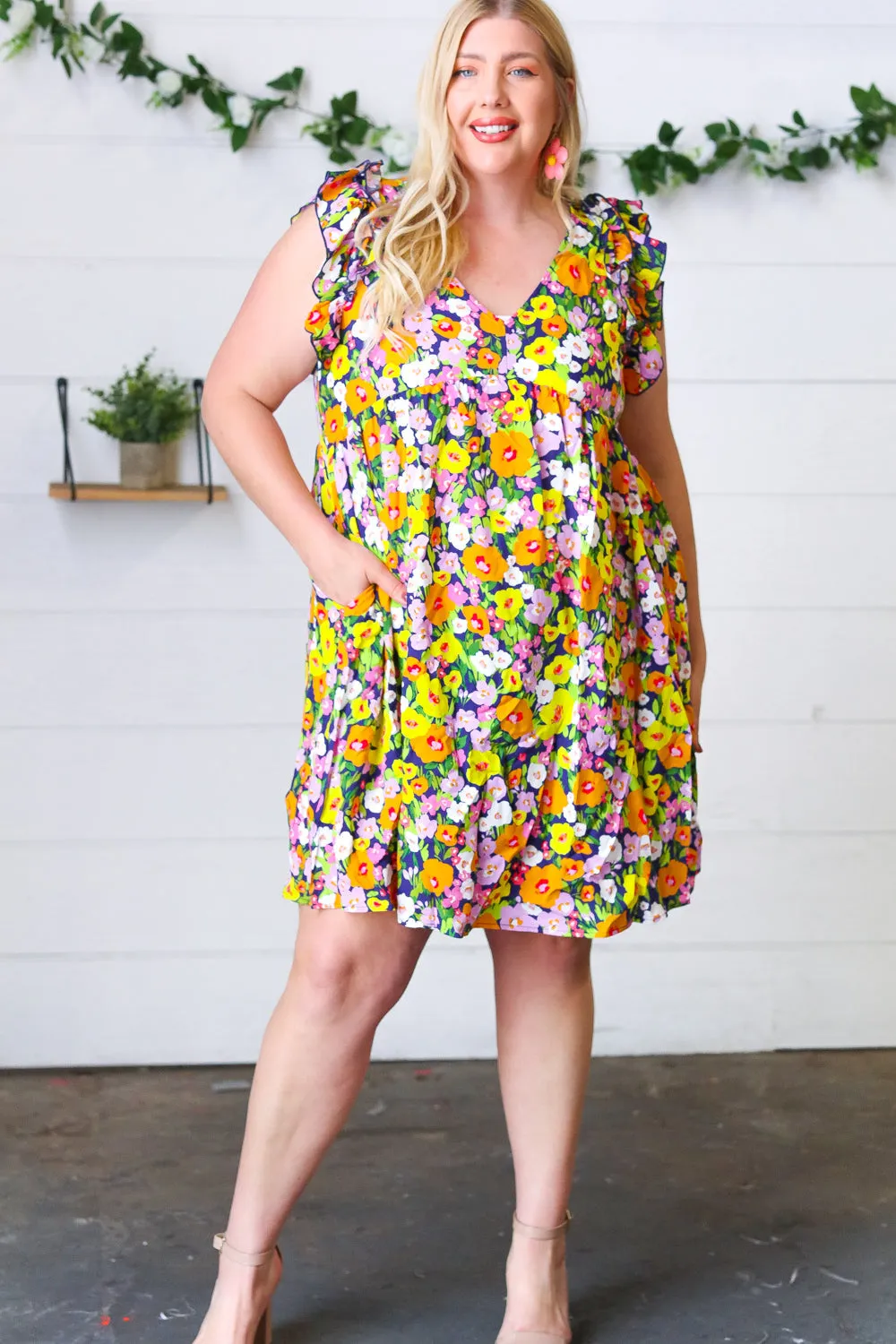 Indigo & Lemon Floral Babydoll Ruffle Dress (Open Pack)