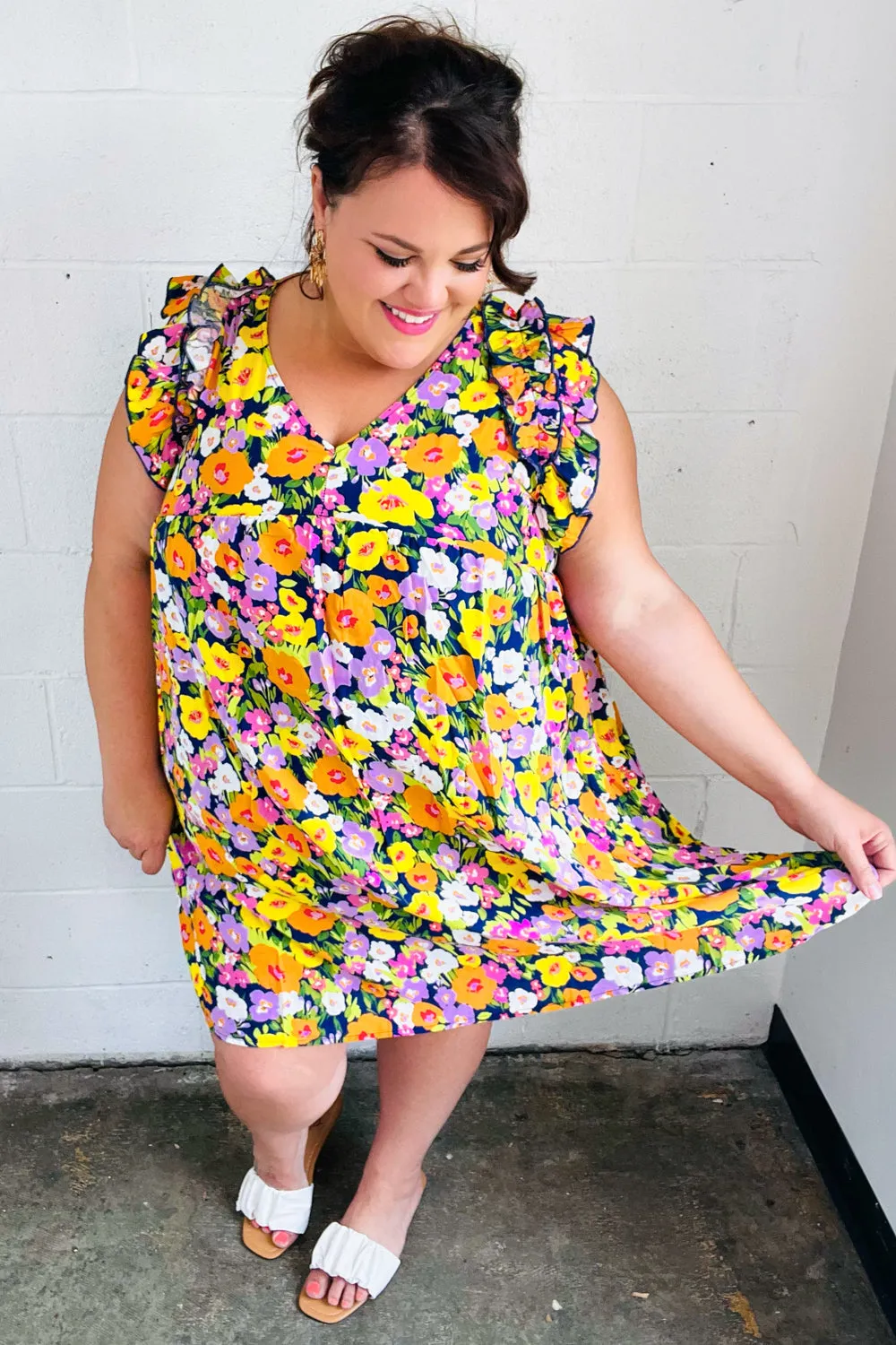 Indigo & Lemon Floral Babydoll Ruffle Dress (Open Pack)