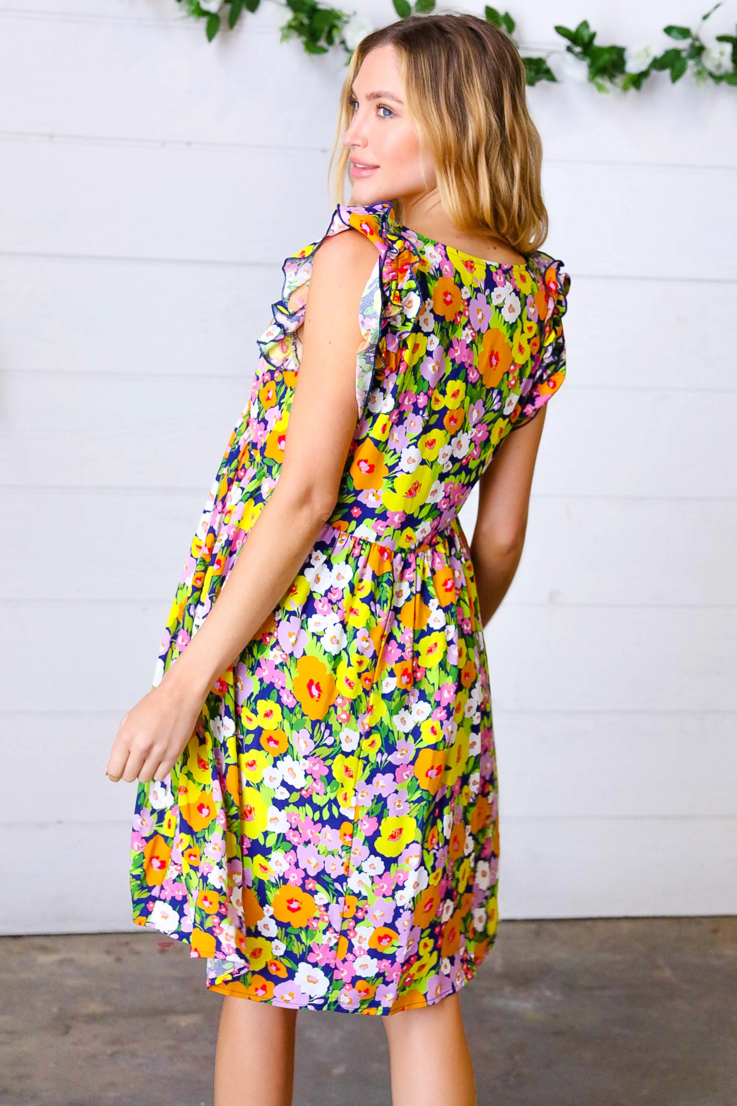 Indigo & Lemon Floral Babydoll Ruffle Dress (Open Pack)