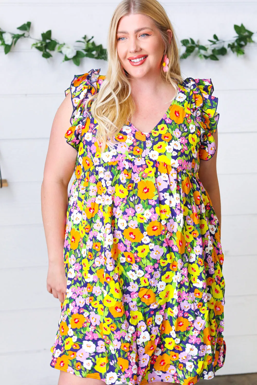 Indigo & Lemon Floral Babydoll Ruffle Dress (Open Pack)
