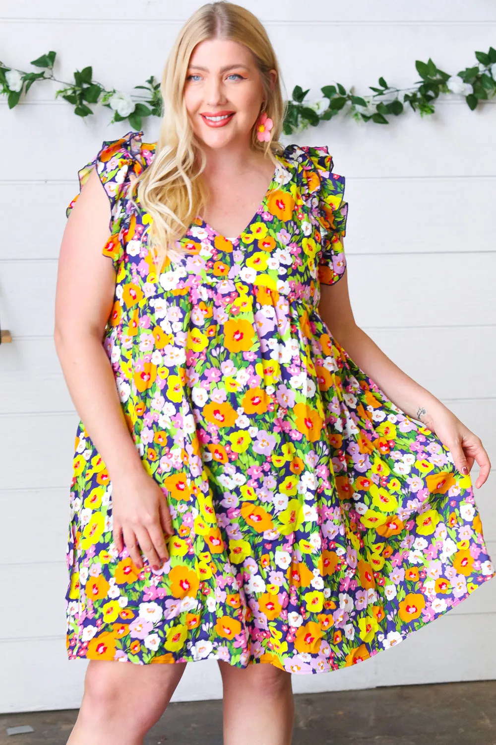 Indigo & Lemon Floral Babydoll Ruffle Dress (Open Pack)