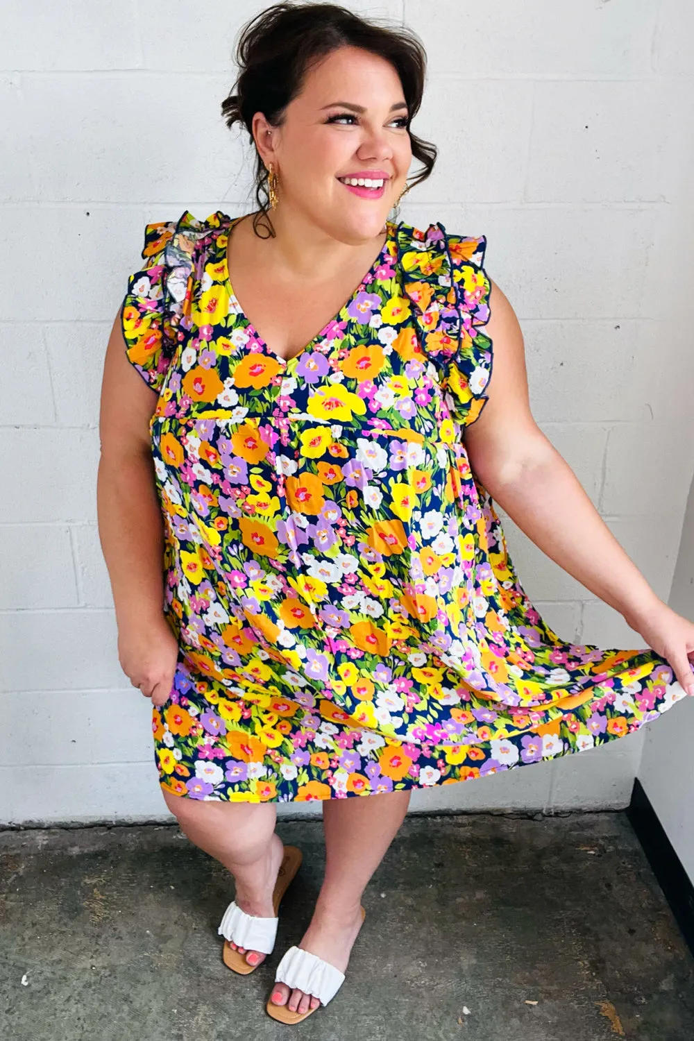 Indigo & Lemon Floral Babydoll Ruffle Dress (Open Pack)